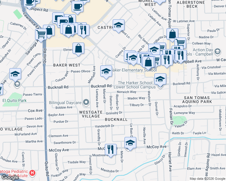 map of restaurants, bars, coffee shops, grocery stores, and more near 2151 Riordan Drive in San Jose