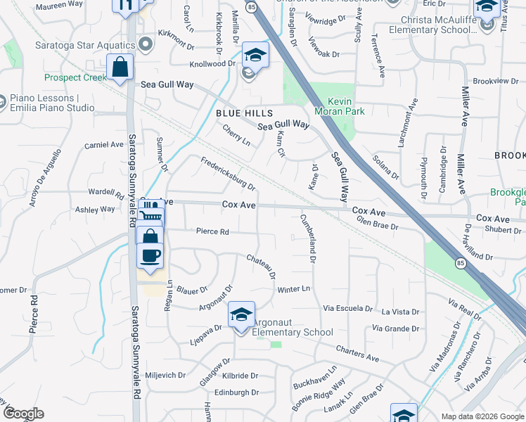 map of restaurants, bars, coffee shops, grocery stores, and more near 12791 Woodmont Drive in Saratoga