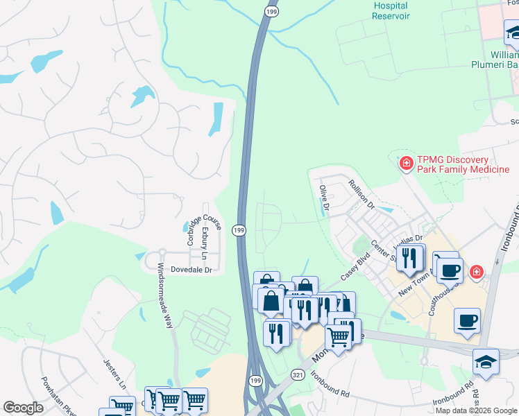 map of restaurants, bars, coffee shops, grocery stores, and more near Humelsine Parkway in Williamsburg