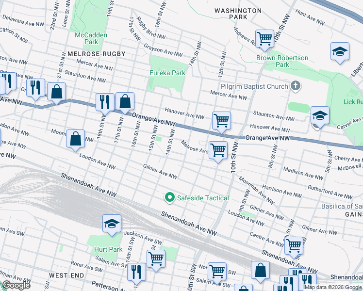 map of restaurants, bars, coffee shops, grocery stores, and more near 606 13th Street Northwest in Roanoke