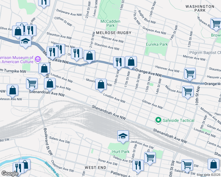 map of restaurants, bars, coffee shops, grocery stores, and more near 1811 Loudon Avenue Northwest in Roanoke