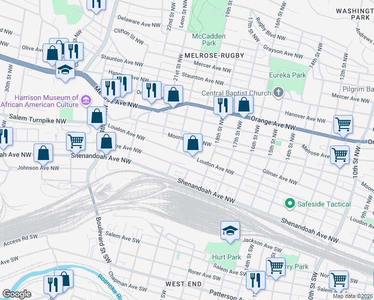 map of restaurants, bars, coffee shops, grocery stores, and more near 1910 Loudon Avenue Northwest in Roanoke