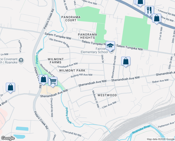 map of restaurants, bars, coffee shops, grocery stores, and more near 3725 Rolling Hill Avenue Northwest in Roanoke