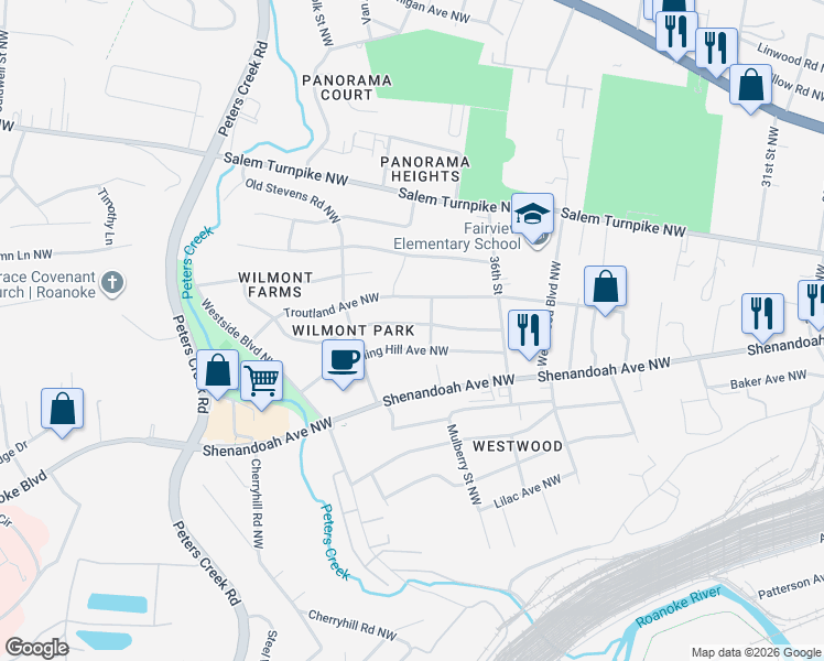 map of restaurants, bars, coffee shops, grocery stores, and more near 3725 Rolling Hill Avenue Northwest in Roanoke