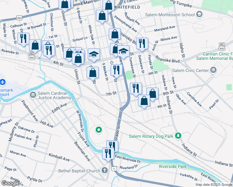 map of restaurants, bars, coffee shops, grocery stores, and more near 911 South Colorado Street in Salem