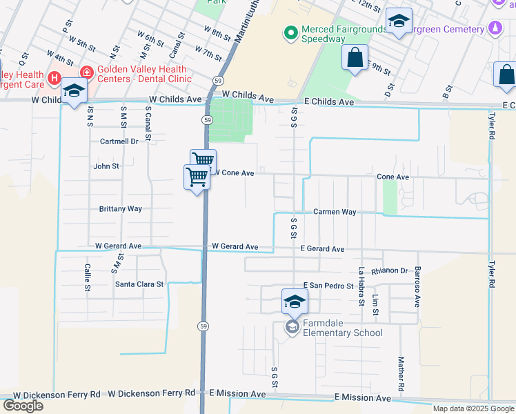 map of restaurants, bars, coffee shops, grocery stores, and more near 390 Harrison Avenue in Merced