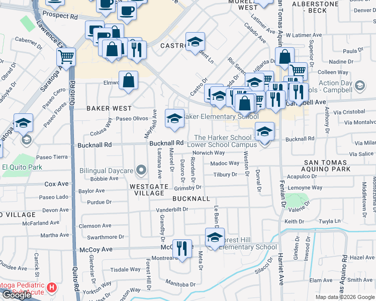 map of restaurants, bars, coffee shops, grocery stores, and more near 4709 Norwich Way in San Jose