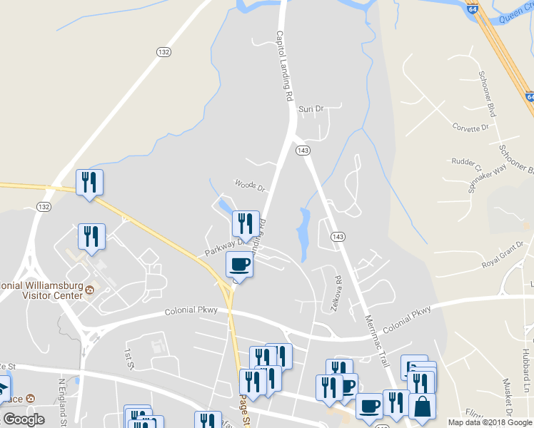 map of restaurants, bars, coffee shops, grocery stores, and more near 908 Virginia 5 in Williamsburg