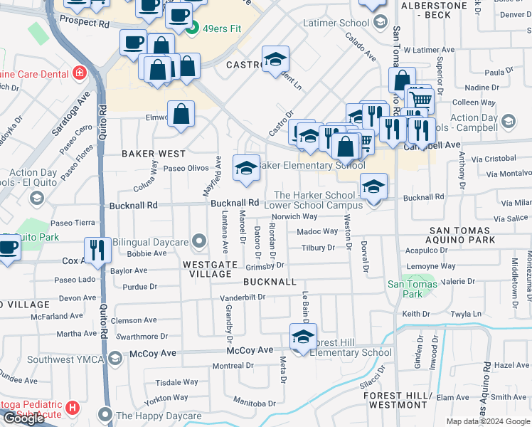 map of restaurants, bars, coffee shops, grocery stores, and more near 4709 Norwich Way in San Jose