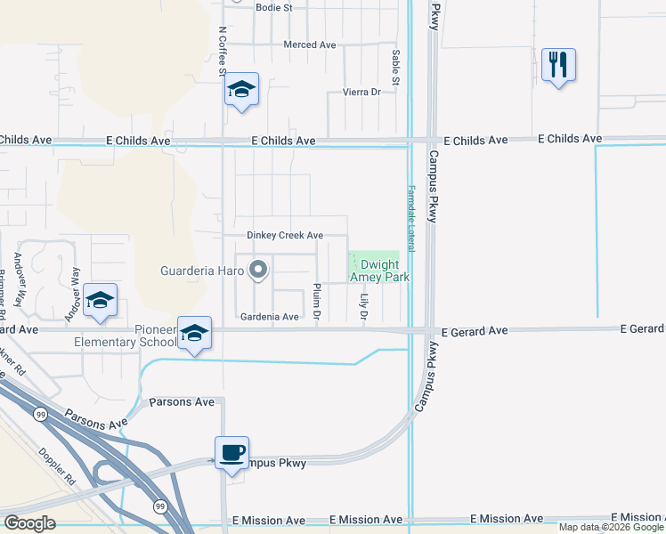 map of restaurants, bars, coffee shops, grocery stores, and more near 395 Albert Drive in Merced