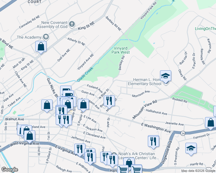 map of restaurants, bars, coffee shops, grocery stores, and more near 415 North Blair Street in Vinton