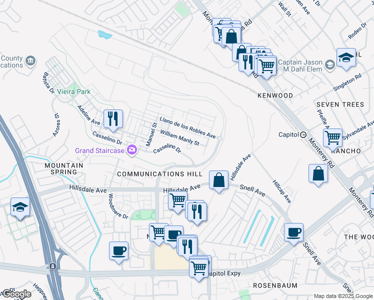 map of restaurants, bars, coffee shops, grocery stores, and more near 3051 San Jose Vineyard Court in San Jose