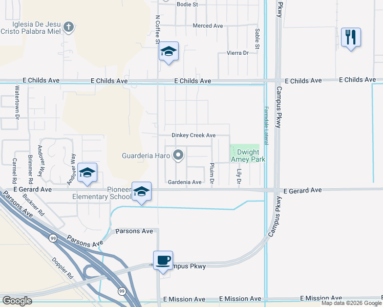 map of restaurants, bars, coffee shops, grocery stores, and more near 3143 Blue Bells Court in Merced