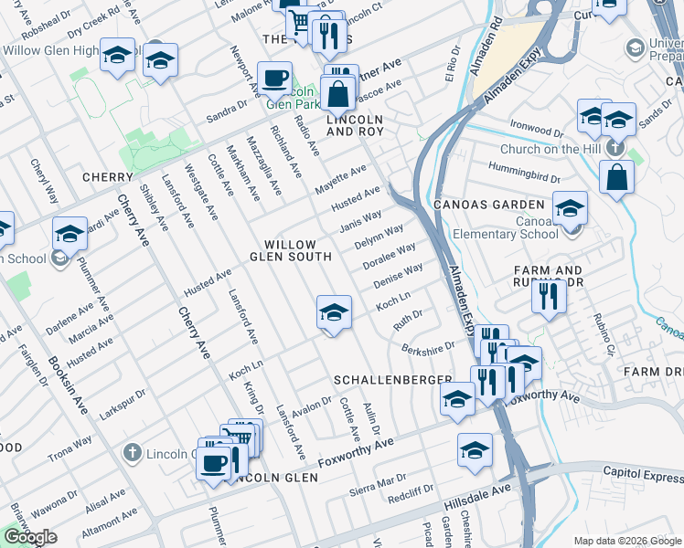 map of restaurants, bars, coffee shops, grocery stores, and more near 2533 Richland Avenue in San Jose