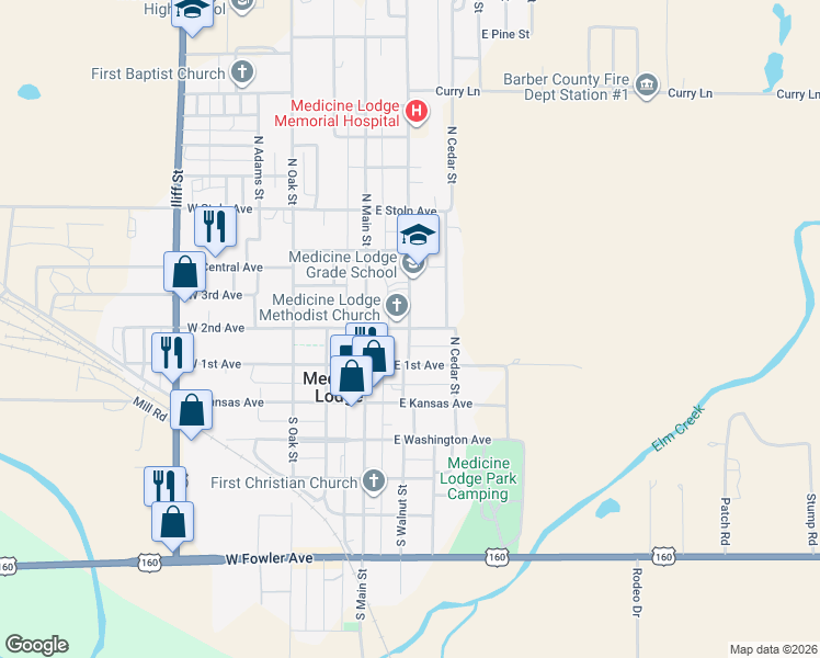 map of restaurants, bars, coffee shops, grocery stores, and more near 201 East 2nd Avenue in Medicine Lodge