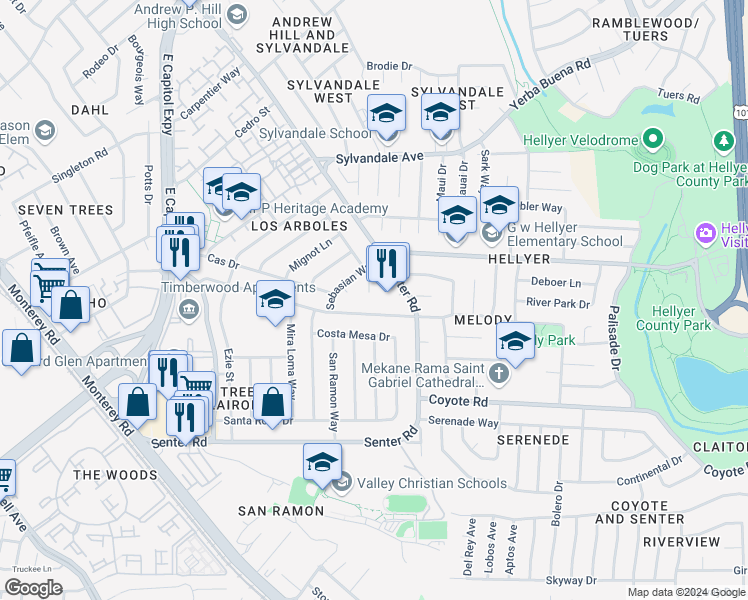 map of restaurants, bars, coffee shops, grocery stores, and more near 3956 Arden Farms Pl in San Jose