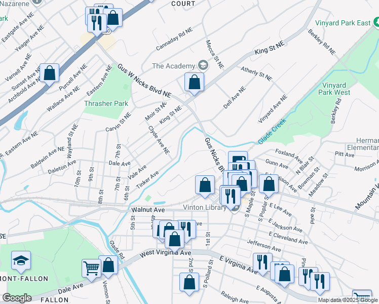 map of restaurants, bars, coffee shops, grocery stores, and more near 156 Highland Road in Vinton