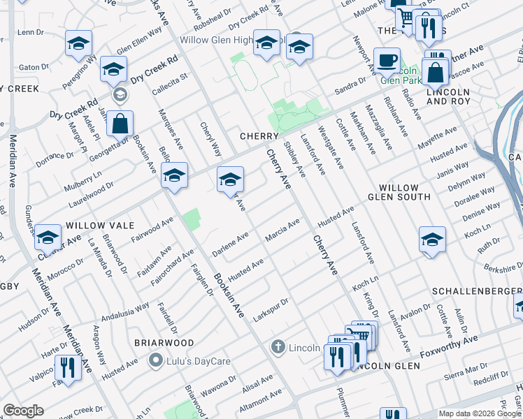 map of restaurants, bars, coffee shops, grocery stores, and more near 1510 Darlene Avenue in San Jose