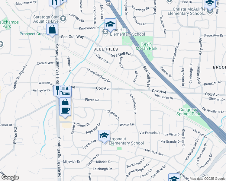 map of restaurants, bars, coffee shops, grocery stores, and more near 12750 Woodmont Drive in Saratoga