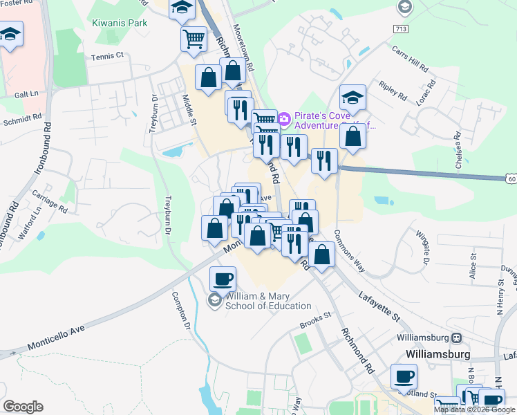 map of restaurants, bars, coffee shops, grocery stores, and more near 1320 Richmond Road in Williamsburg