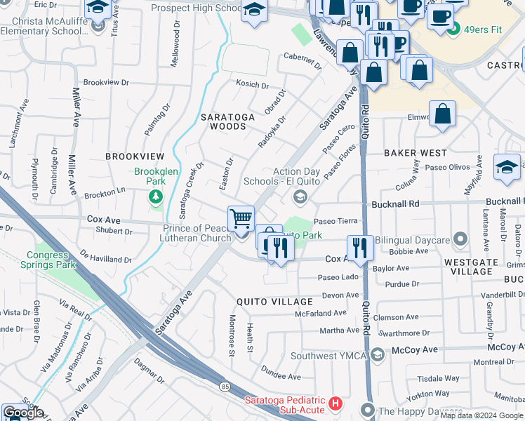 map of restaurants, bars, coffee shops, grocery stores, and more near 18973 Sara Park Circle in Saratoga