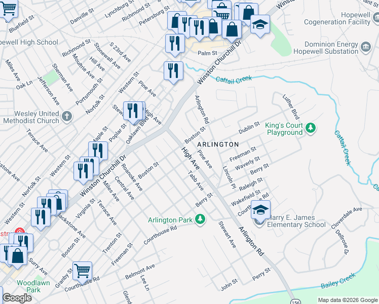 map of restaurants, bars, coffee shops, grocery stores, and more near 1301 Tabb Avenue in Hopewell