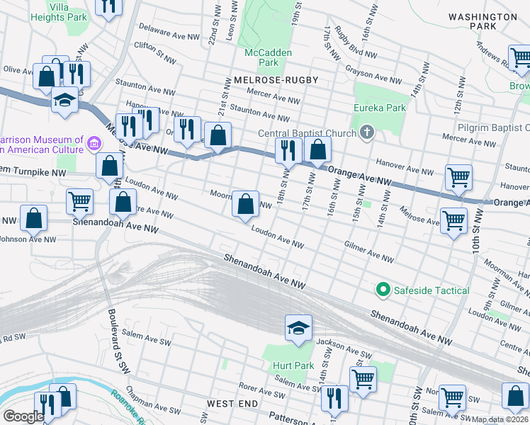 map of restaurants, bars, coffee shops, grocery stores, and more near 1811 Loudon Avenue Northwest in Roanoke