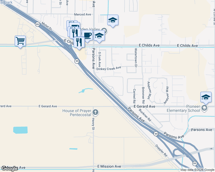 map of restaurants, bars, coffee shops, grocery stores, and more near 340 South Parsons Avenue in Merced