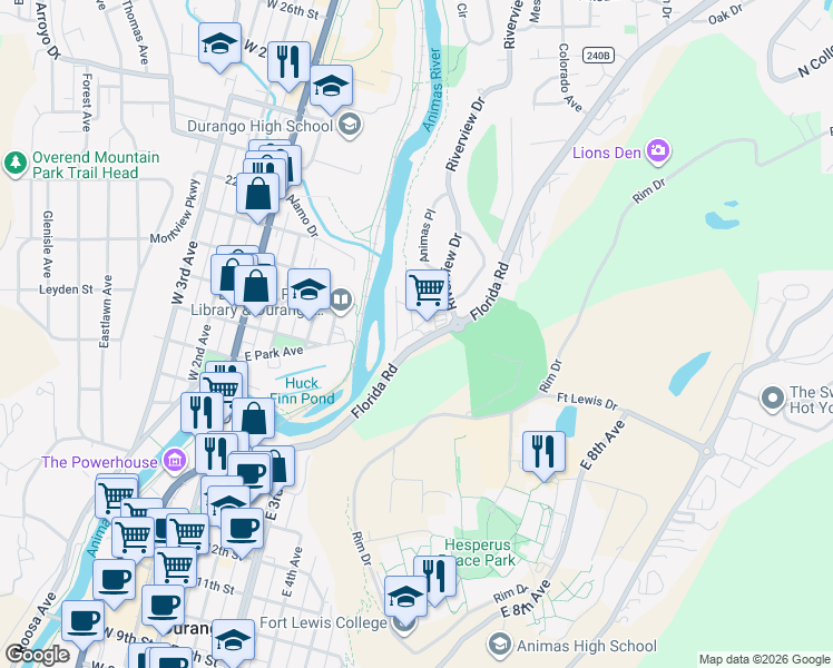 map of restaurants, bars, coffee shops, grocery stores, and more near 485 Florida Road in Durango