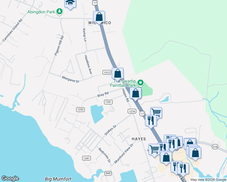 map of restaurants, bars, coffee shops, grocery stores, and more near 7247 Bray Road in Gloucester Point