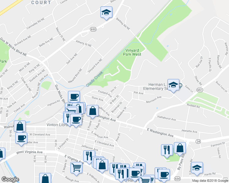 map of restaurants, bars, coffee shops, grocery stores, and more near 312 Elm Street in Vinton