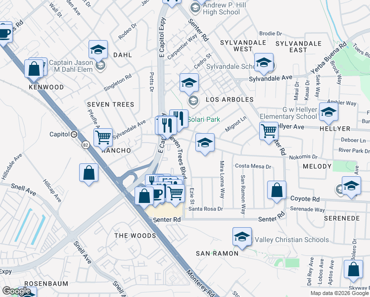 map of restaurants, bars, coffee shops, grocery stores, and more near 3764 Ezie Street in San Jose