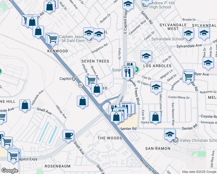 map of restaurants, bars, coffee shops, grocery stores, and more near 124 Rancho Drive in San Jose
