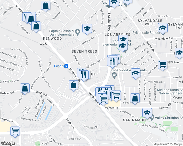 map of restaurants, bars, coffee shops, grocery stores, and more near in San Jose