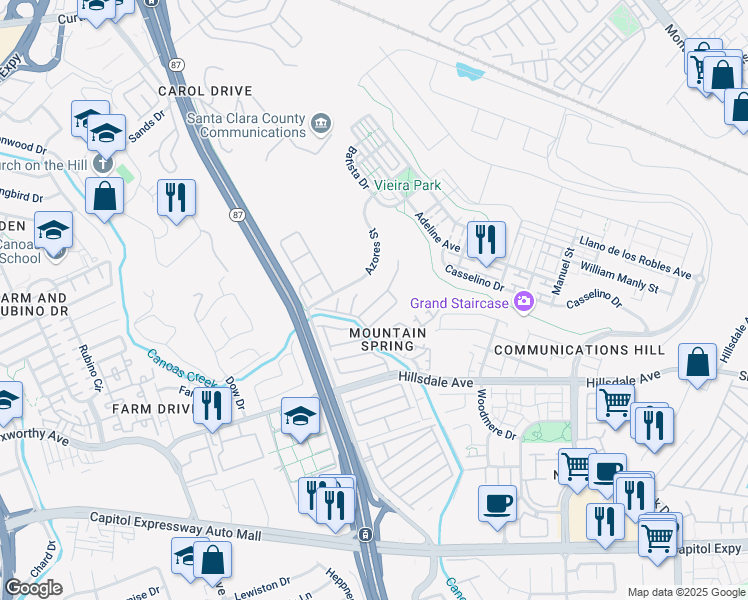 map of restaurants, bars, coffee shops, grocery stores, and more near 221 Mountain Springs Drive in San Jose