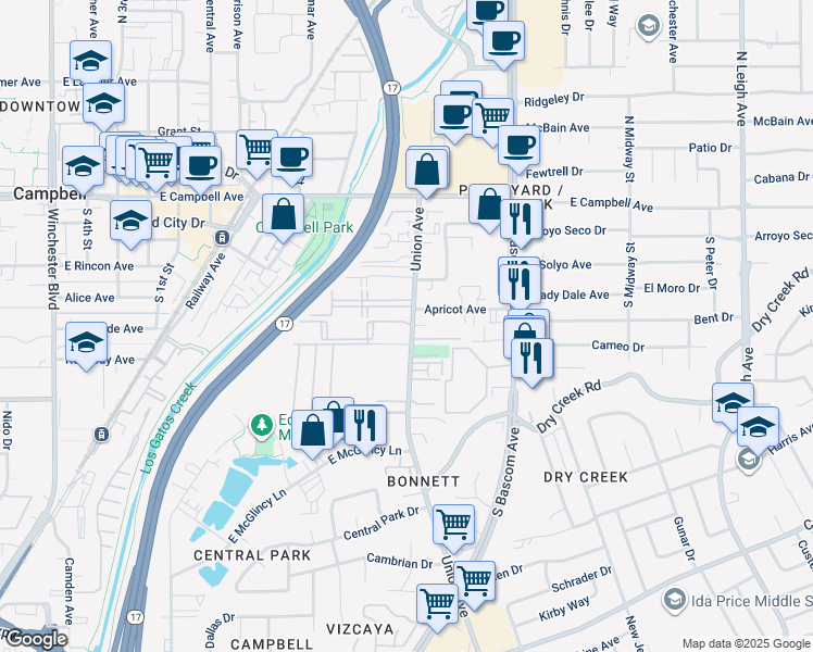map of restaurants, bars, coffee shops, grocery stores, and more near 245 Union Avenue in Campbell