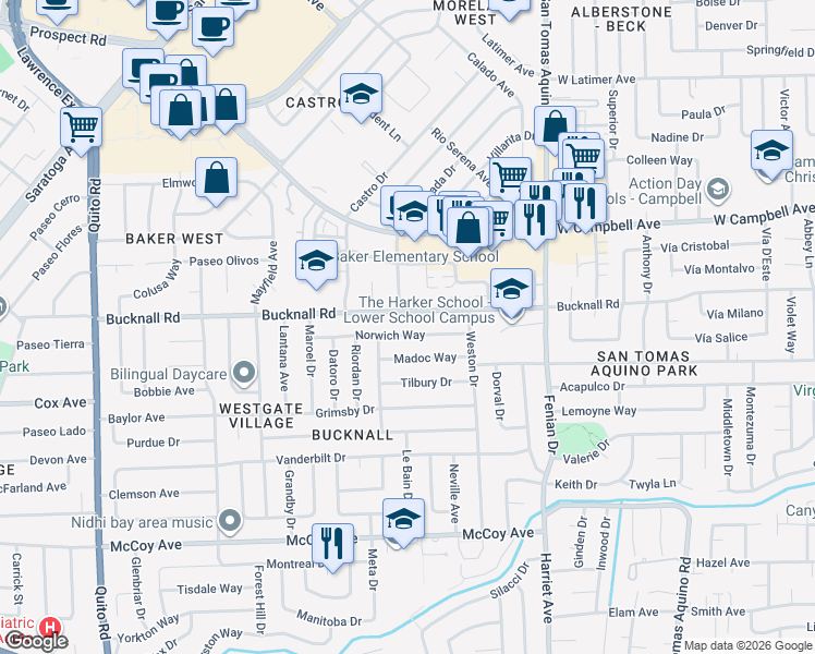 map of restaurants, bars, coffee shops, grocery stores, and more near 4494 Norwich Way in San Jose