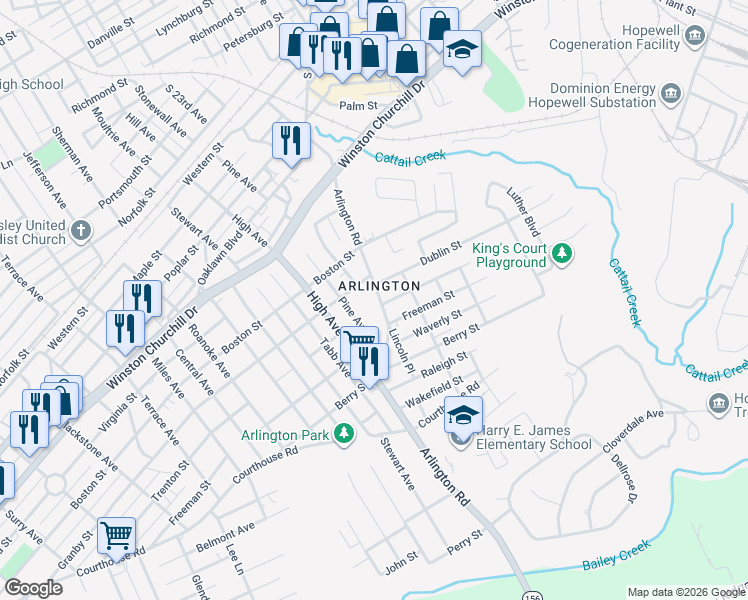 map of restaurants, bars, coffee shops, grocery stores, and more near 1403 Arlington Road in Hopewell