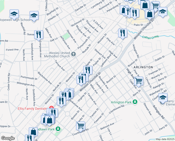 map of restaurants, bars, coffee shops, grocery stores, and more near 2913 Poplar Street in Hopewell
