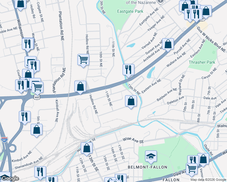 map of restaurants, bars, coffee shops, grocery stores, and more near 1201 McDowell Avenue Northeast in Roanoke