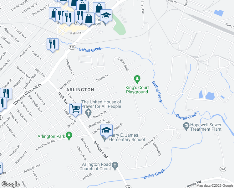 map of restaurants, bars, coffee shops, grocery stores, and more near 2108 Waverly Street in Hopewell