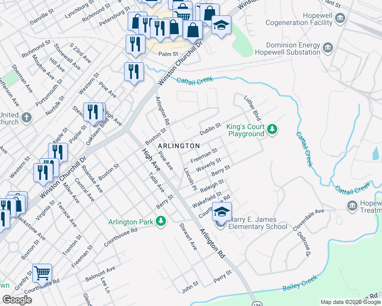 map of restaurants, bars, coffee shops, grocery stores, and more near 2402 Freeman Street in Hopewell
