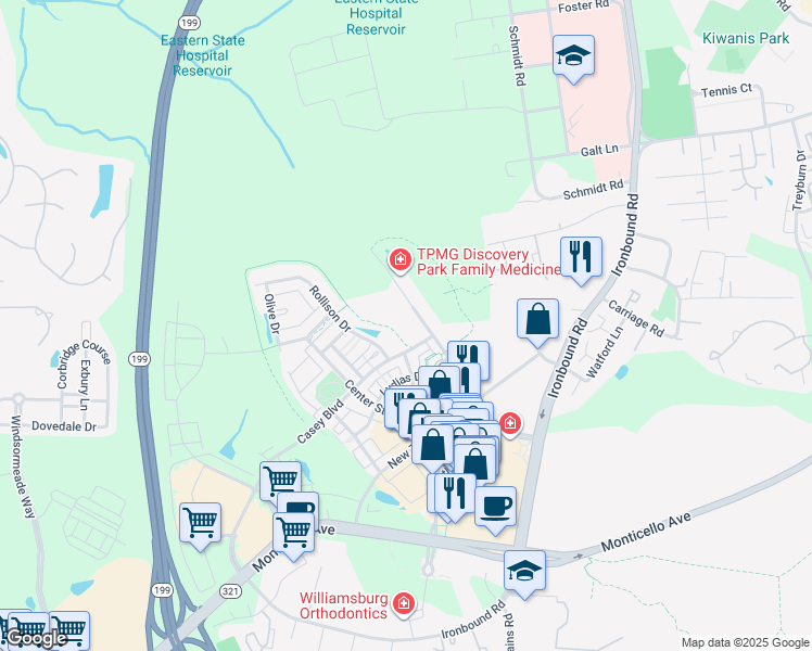 map of restaurants, bars, coffee shops, grocery stores, and more near 4270 Casey Boulevard in Williamsburg