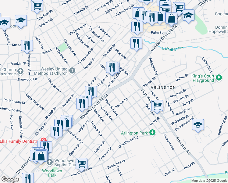 map of restaurants, bars, coffee shops, grocery stores, and more near 2714 Winston Churchill Drive in Hopewell