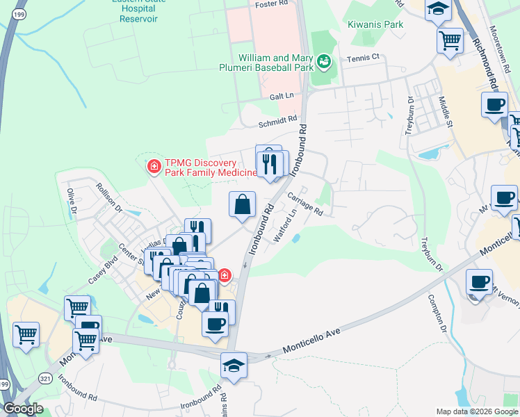 map of restaurants, bars, coffee shops, grocery stores, and more near 101 Glynn Springs Drive in Williamsburg