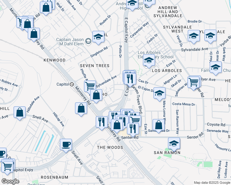 map of restaurants, bars, coffee shops, grocery stores, and more near 132 Rancho Drive in San Jose