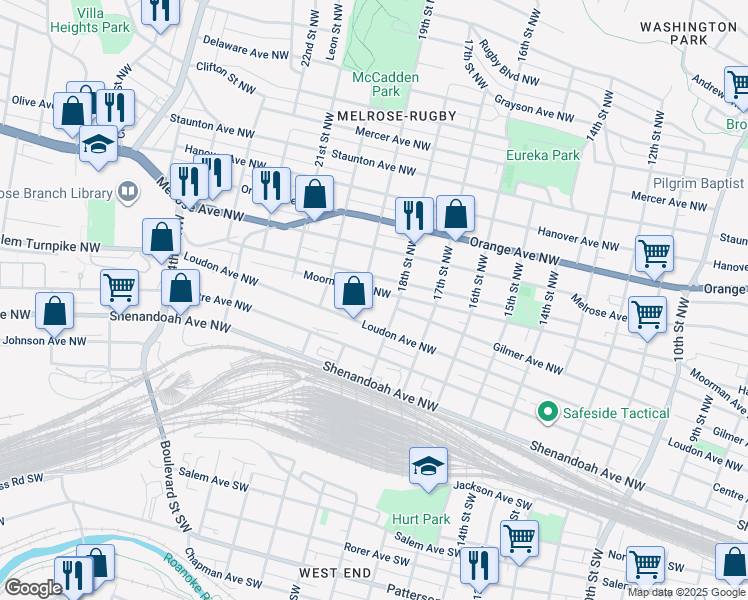 map of restaurants, bars, coffee shops, grocery stores, and more near 1824 Moorman Avenue Northwest in Roanoke