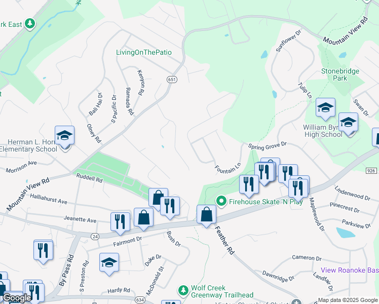 map of restaurants, bars, coffee shops, grocery stores, and more near 1762 Meadows Road in Vinton