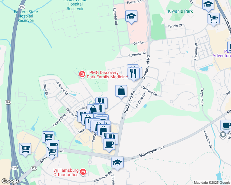 map of restaurants, bars, coffee shops, grocery stores, and more near 4375 New Town Avenue in Williamsburg