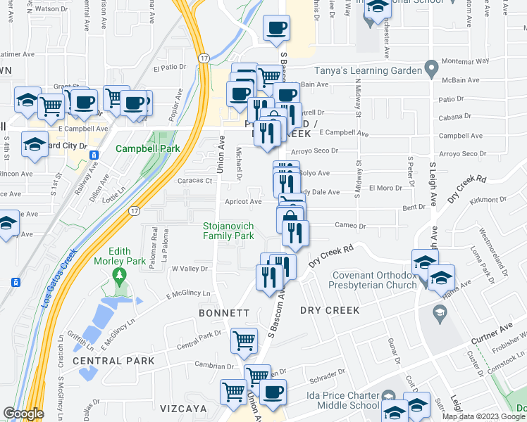 map of restaurants, bars, coffee shops, grocery stores, and more near 970 Apricot Avenue in Campbell